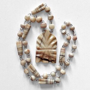 VTG Carved Stone Mask Pendant Necklace Banded Polished Tribal Beads Artisan 25"